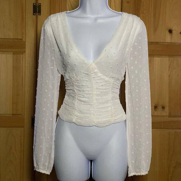Coquette Swiss Dot Sheer Sleeve Ruched Corset Cottagecore Feminine Ethereal Top - Picture 3 of 12